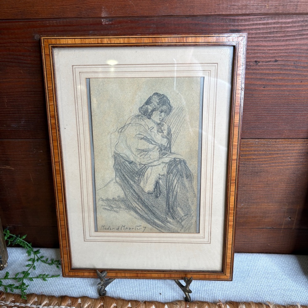 Antique Belgian Artist Signed Graphite Drawing Of Sitting Woman Burlwood Framed